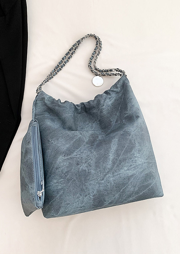 PU BLUE CHAIN-STRAP TOTE BAG WITH POUCH