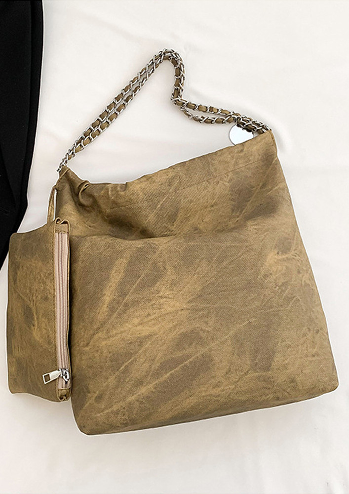 PU KHAKI CHAIN-STRAP TOTE BAG WITH POUCH