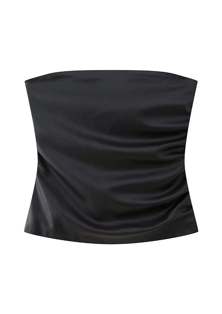 BLACK RUCHED FAUX LEATHER TUBE TOP