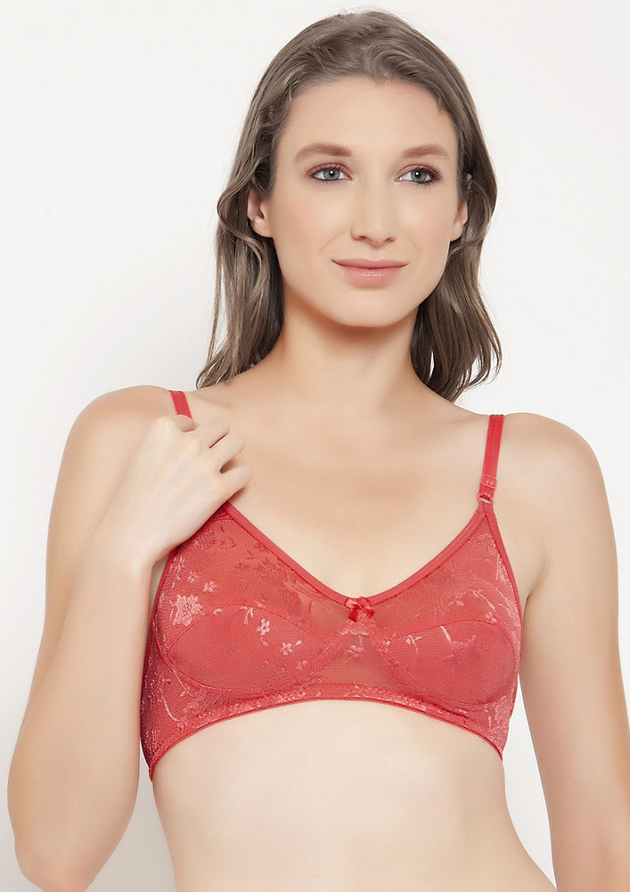 Innocence Women's Lace Non padded Non Wired Bridal Bra-Coral