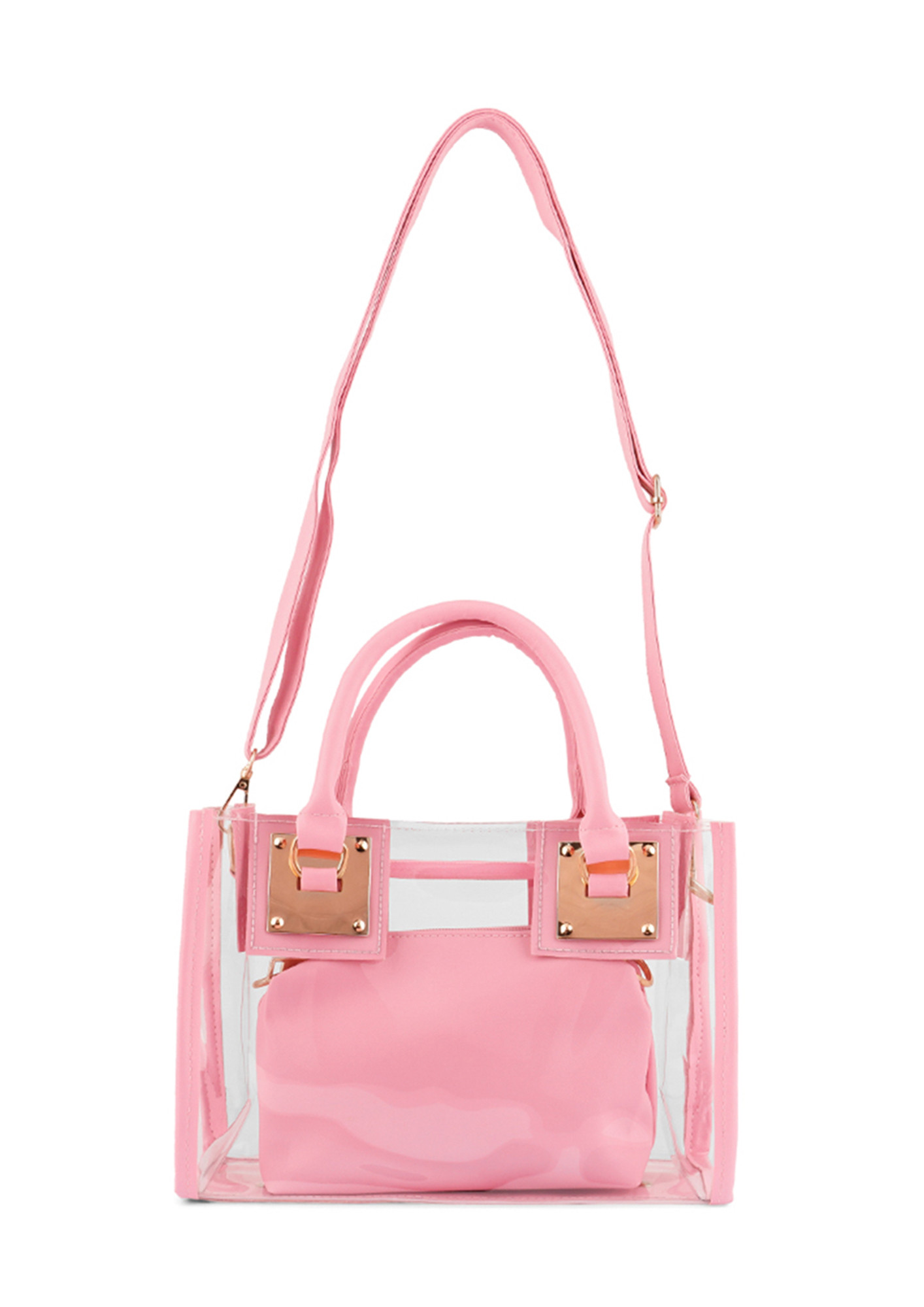 Pink Transparent Top Handle Tote Bag Zip Crossbody Clear Sport