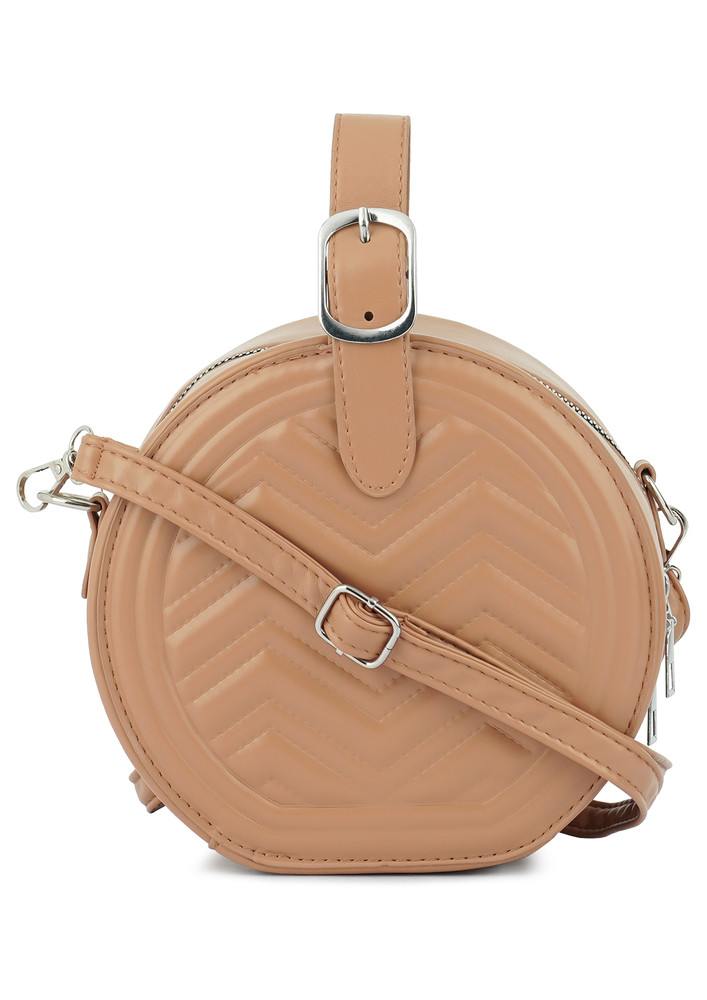 Tan Round Quilted Sling Bag