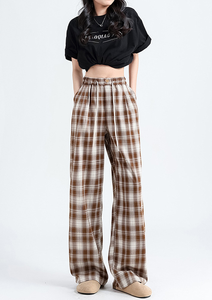 Khaki Plaid Pattern Wide-fit Pants