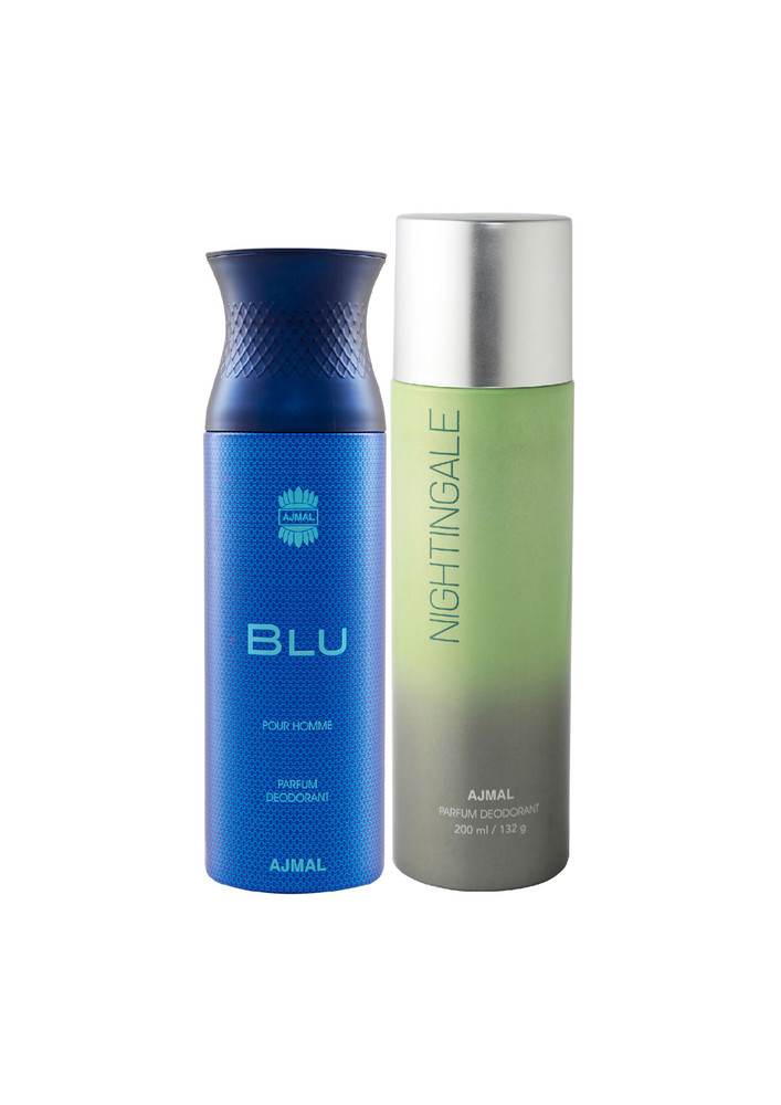 Ajmal Blu Homme Gift For Men and Nightingale Gift For Men & Women High Quality Deodorants each 200ML Combo pack of 2 (Total 400ML) + 1 Perfume Tester