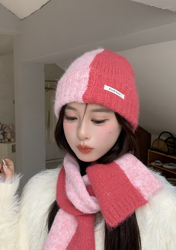 RIB-KNIT CONTRASTING ROSE-RED AND BEANIE SET