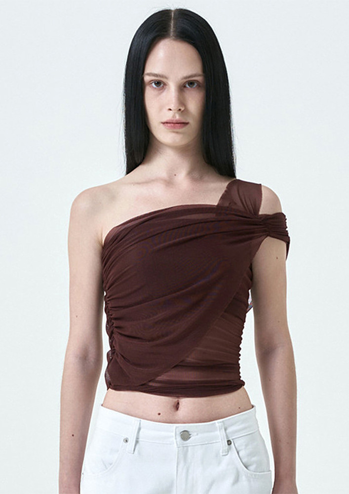 BROWN RUCHED ONE-SHOULDER MESH TOP