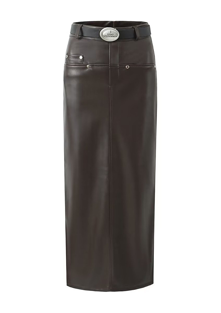 Dark Brown Pu Leather Back Slit Long Skirt