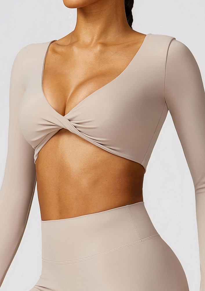 BEIGE TWISTED DETAIL SPORTS TOP