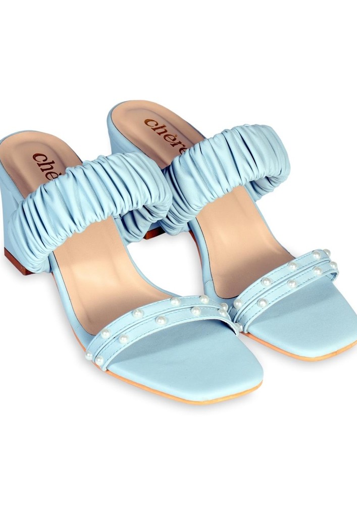 Pastel Blue Pearl Strap Block Heels