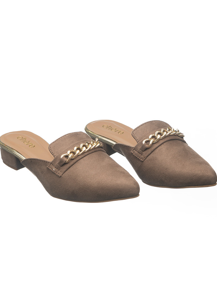 Coffee Brown Golden Chained Mules