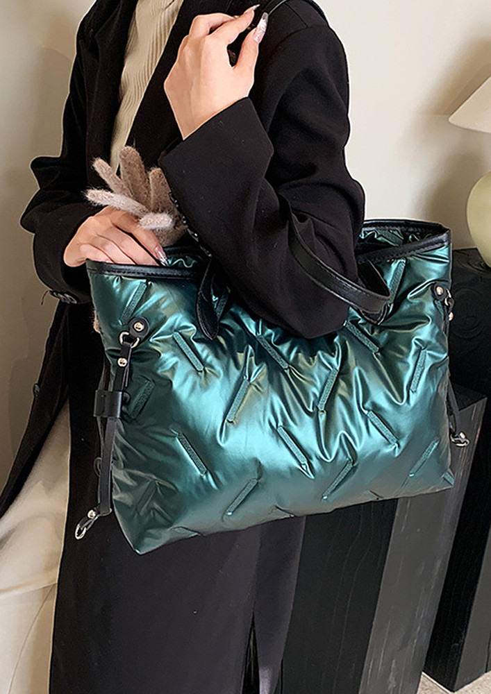 QUILTED DOUBLE-HANDLE GREEN TOTE BAG