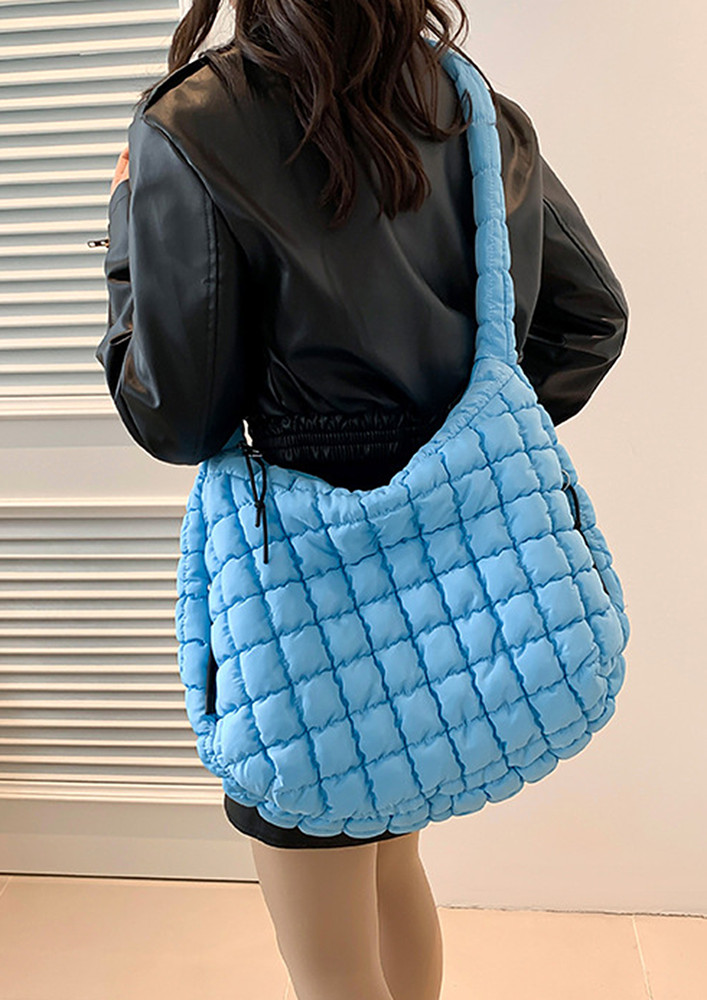 BLUE QUILTED GEOMETRIC COTTON TOTE BAG