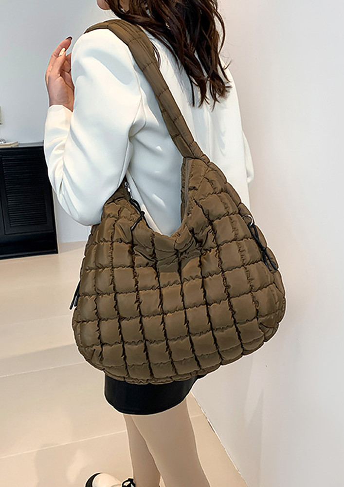 BROWN QUILTED GEOMETRIC COTTON TOTE BAG