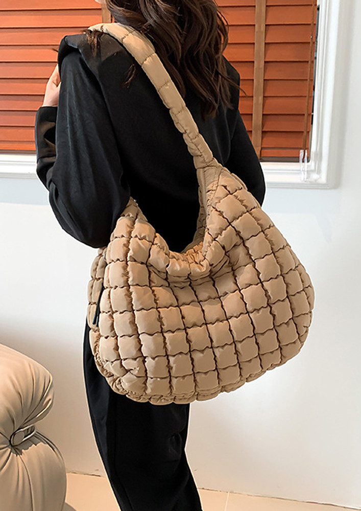 KHAKI QUILTED GEOMETRIC COTTON TOTE BAG