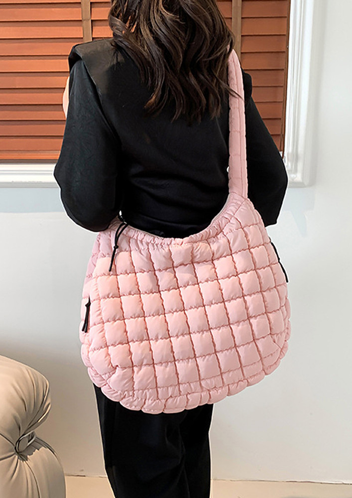LIGHT PINK QUILTED GEOMETRIC COTTON TOTE BAG