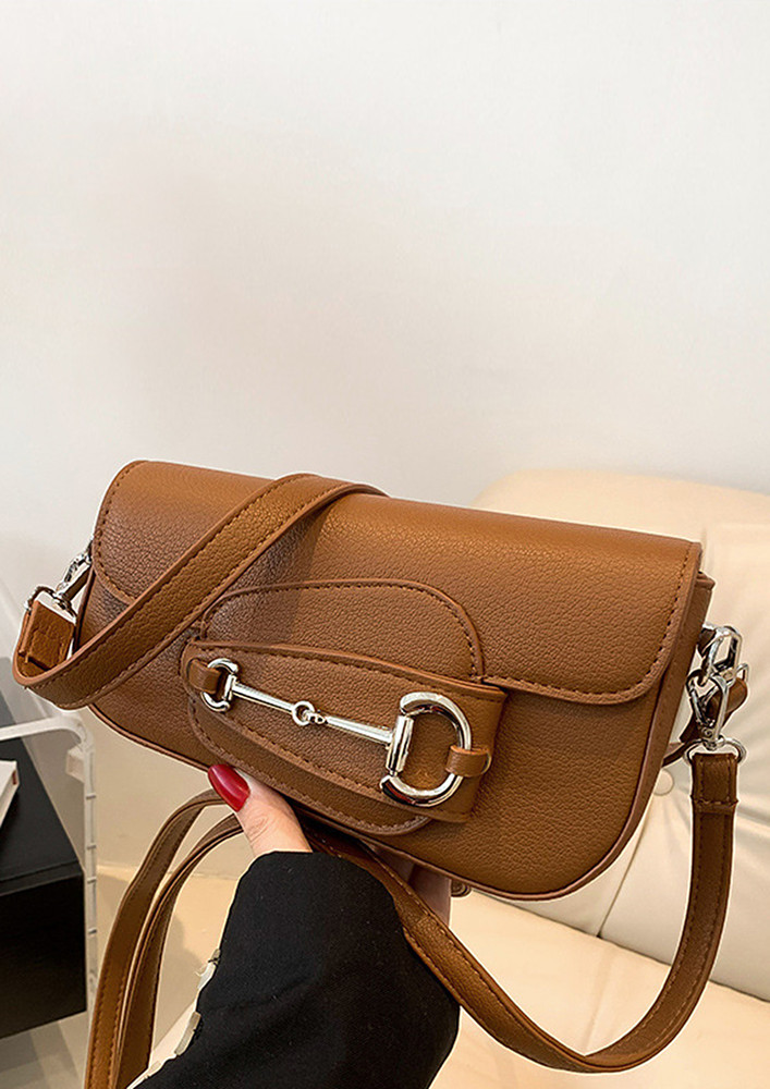 PU LEATHER FLAP FRONT BROWN BAG