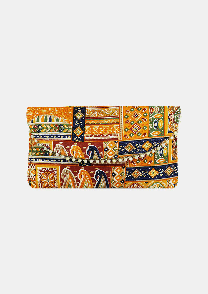 Elegant Ethnic Mustard Color Patola Clutch For Women And Girls