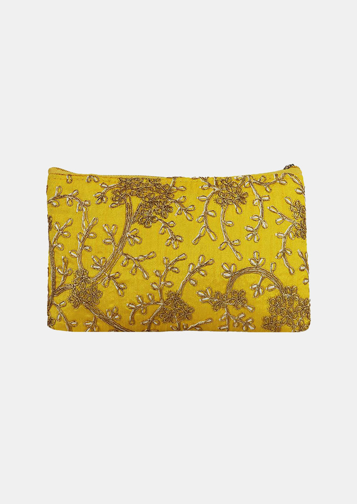 Elegant Raw Silk Pouch For Girls With Golden Embroidery