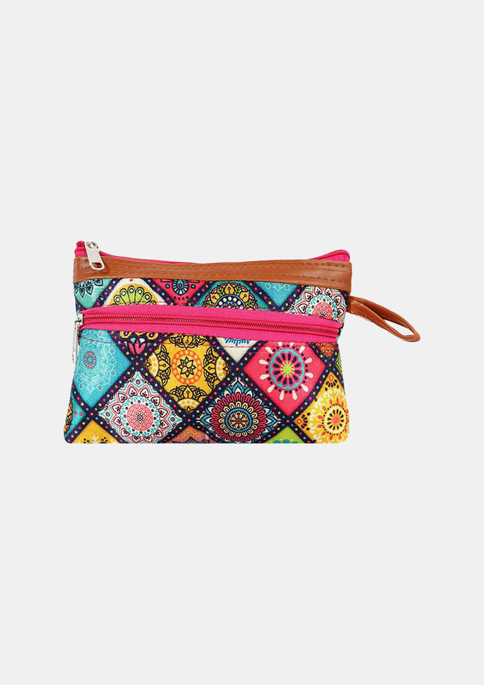 Multicolour Dual Zipper Polyester Pouch For Girls