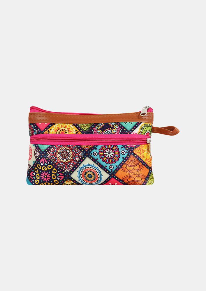 Dual Zipper Multi Color Polyester Pouch For Girls