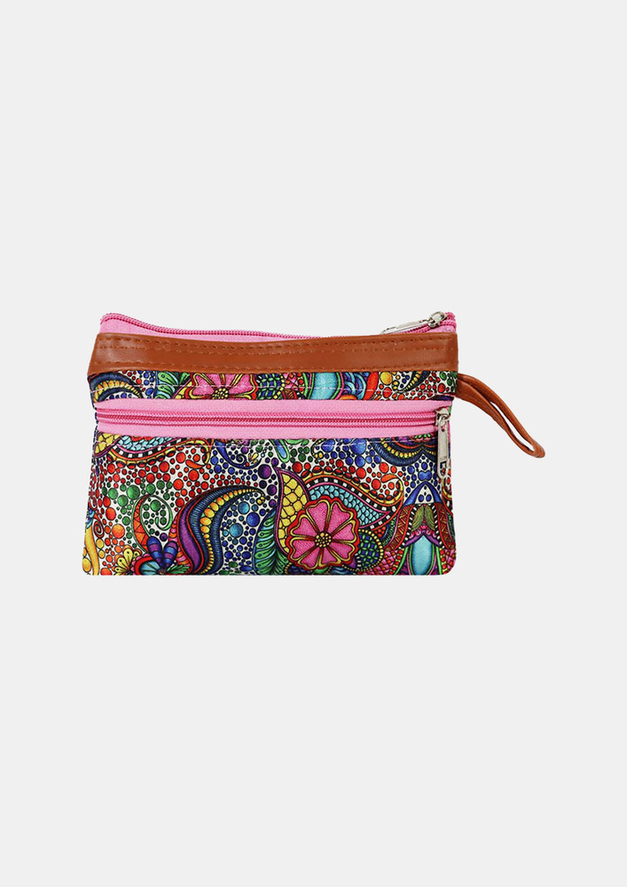 Dual Zipper Multicolour Polyester Pouch For Women And Girls