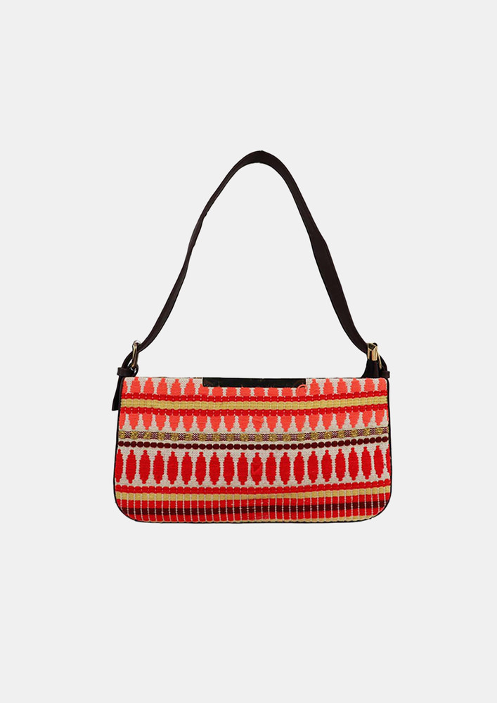 Stylish Red Colour Jacquard Cotton Handbag For Women