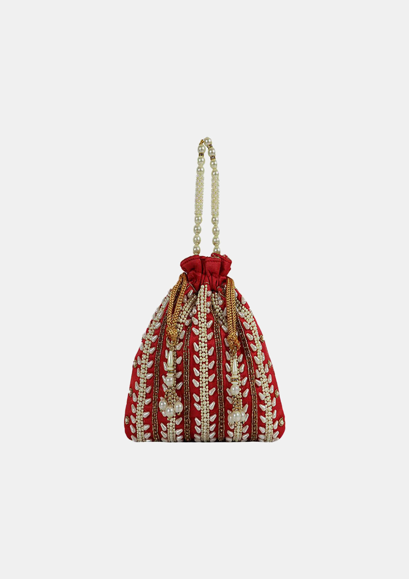 Traditional Embellished Red Color Raw Silk Potli Bag - Perfect For Festive Celebrations