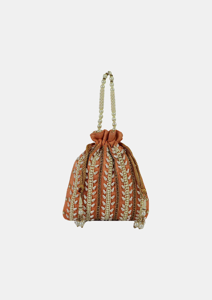 Traditional Embellished Orange Color Raw Silk Potli Bag - Perfect For Festive Celebrations