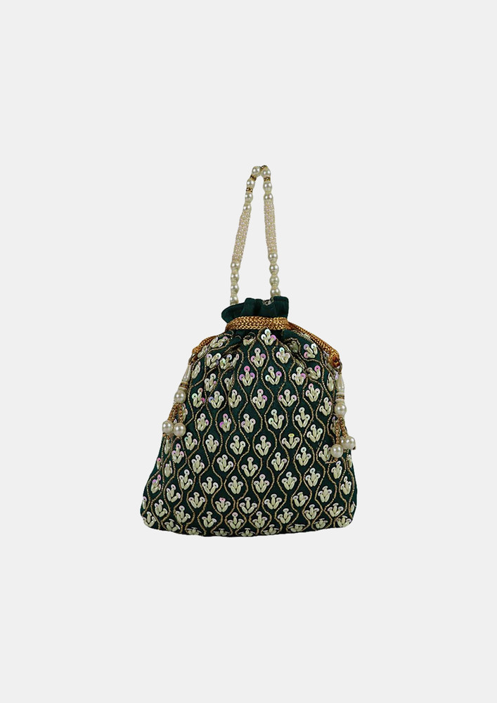 Traditional Embellished Dark Green Color Raw Silk Potli Bag - Perfect For Festive Celebrations