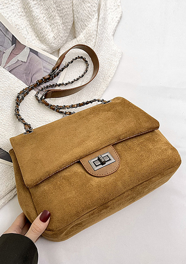 POLYESTER BROWN CHAIN STRAP SLING BAG