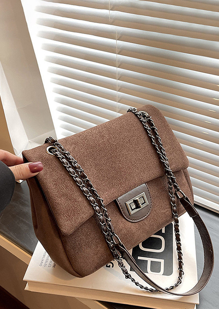 POLYESTER CHAIN STRAP DEEP BROWN SLING BAG