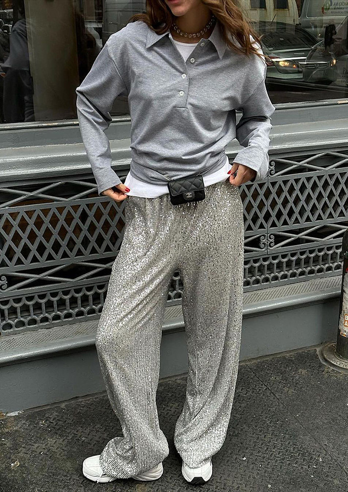 Y2K SEQUIN STRAIGHT LOOSE SILVER TROUSERS