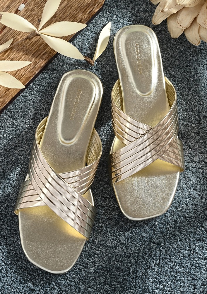 Women Cross Strap Open Toe Flats-Gold