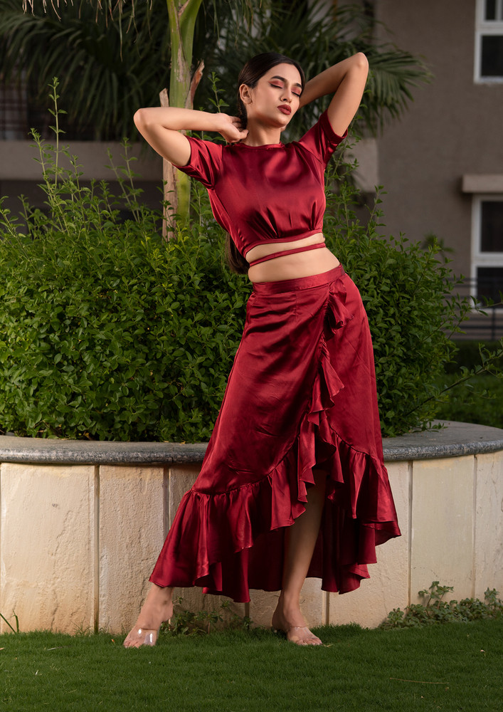 Maroon Co-ord Set Wrap Around Skirt With Crop Club Top