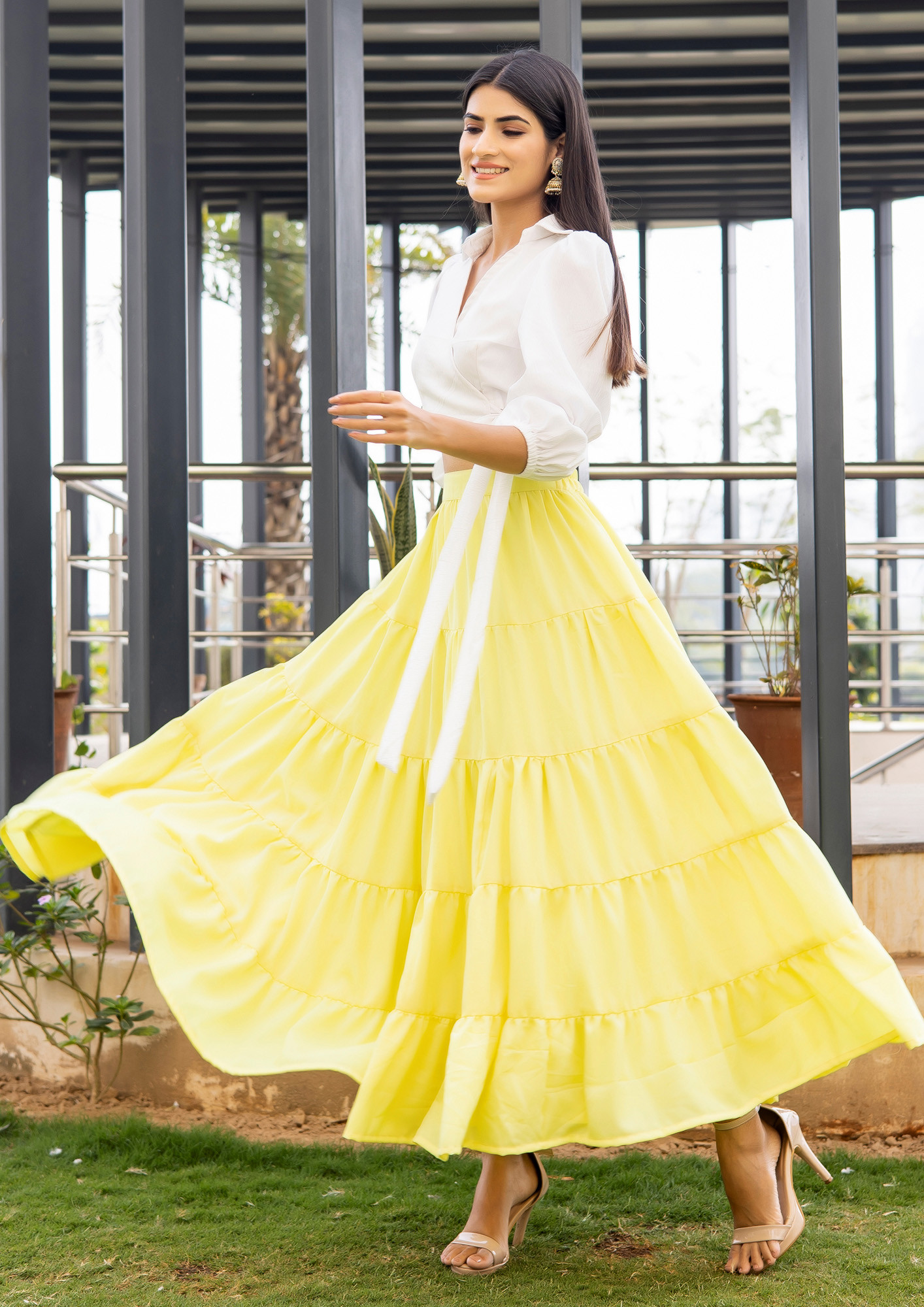 Yellowish Tier Skirt With Top Co-Ord Set