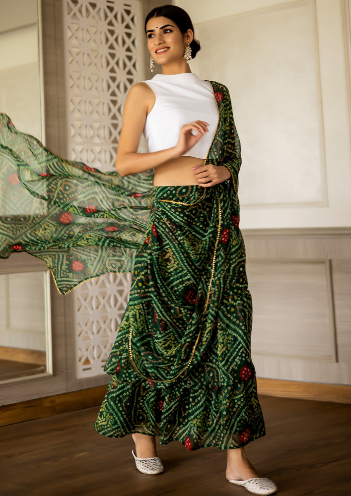 Bottle Green Bandhej Drap Saree Skirt Co-Ord Set