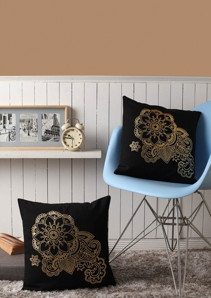 Lushomes Sofa Cotton Cushion Covers Online With  Foil Printed (2 Pcs, Size: 16''x16'') (black Ethn)