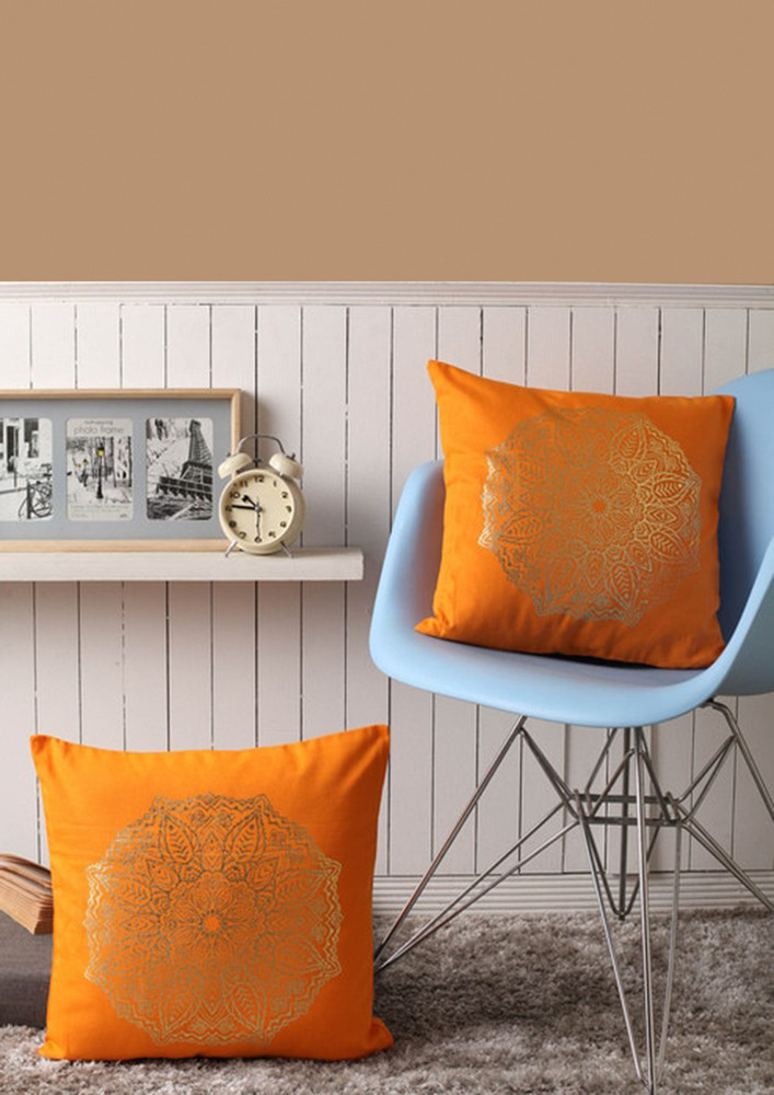 Lushomes Sofa Cotton Cushion Covers Online With  Foil Printed (2 Pcs, Size: 16''x16'') (d Orange)