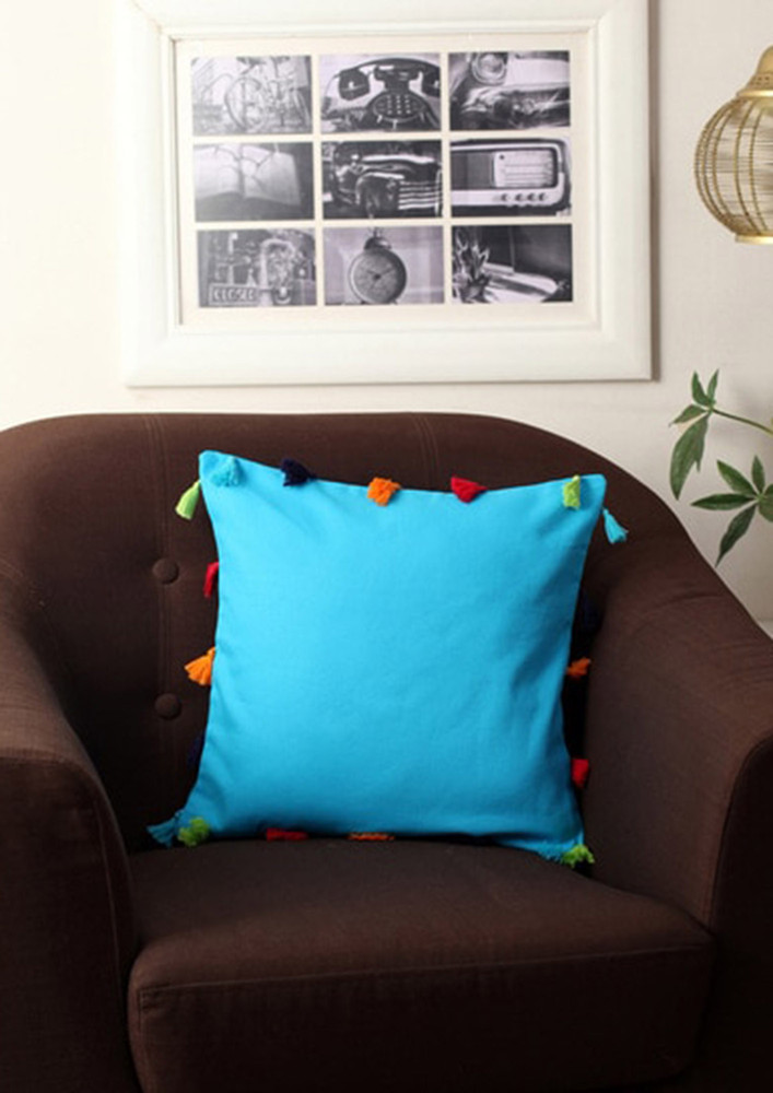 Lushomes Blue Sofa Cushion Cover Online With Colorful Tassels (single Pc, 12 X 12 Inches)