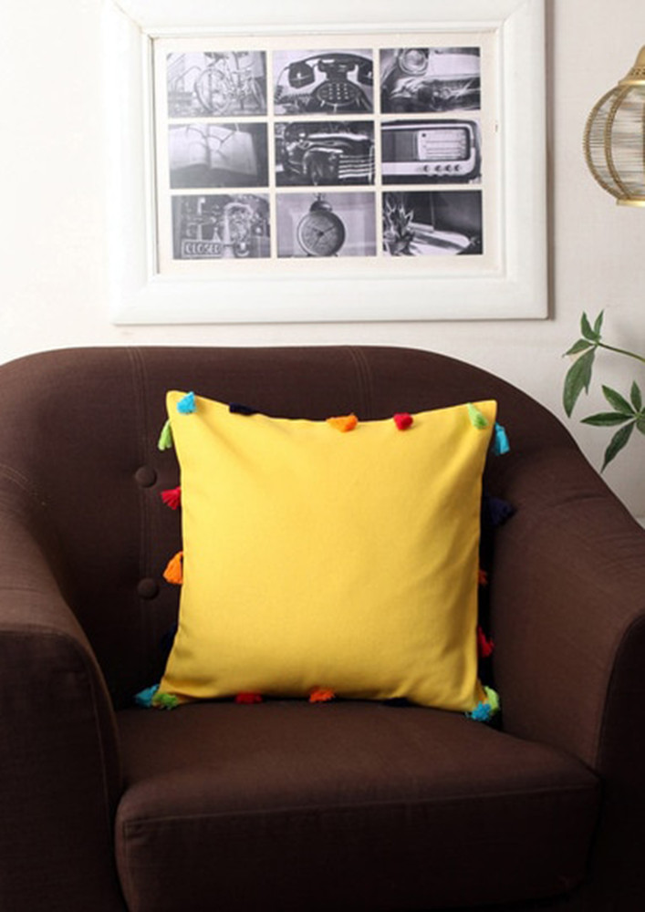Lushomes Yellow Cushion Cover Online With Colorful Tassels (single Pc, 12 X 12 Inches)