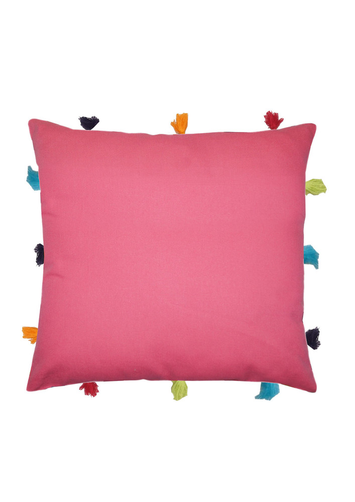 Lushomes Pink Sofa Cushion Cover Online With Colorful Tassels (single Pc, 12 X 12 Inches)