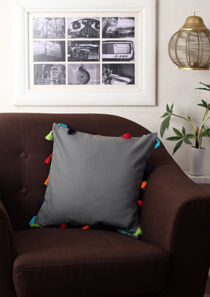 Lushomes Grey Sofa Cushion Cover Online With Colorful Tassels (single Pc, 12 X 12 Inches)