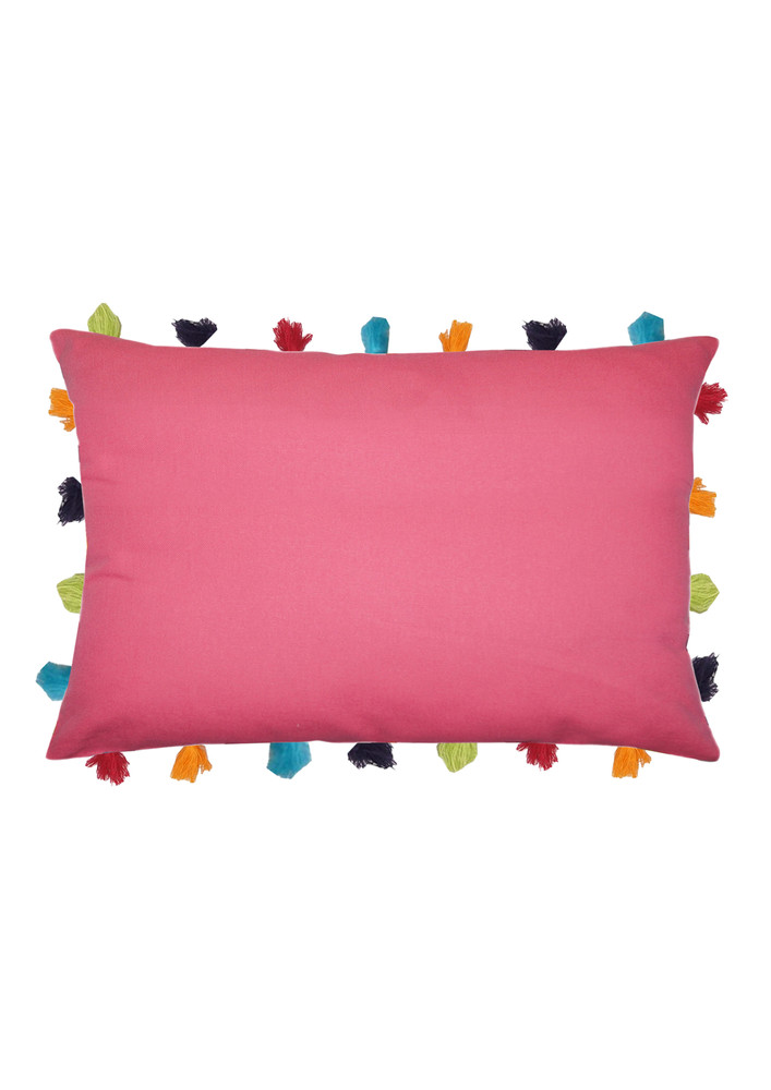 Lushomes Pink Sofa Cushion Cover Online With Colorful Tassels (single Pc, 14 X 20 Inches)