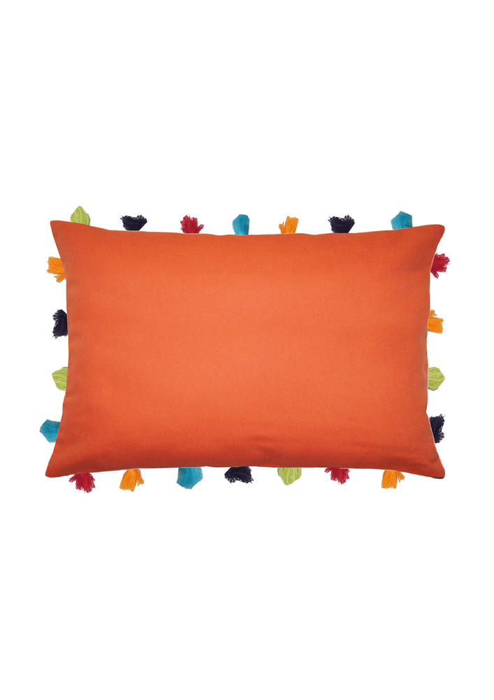 Lushomes Red Wood Sofa Cushion Cover Online With Colorful Tassels (single Pc, 14 X 20 Inches)