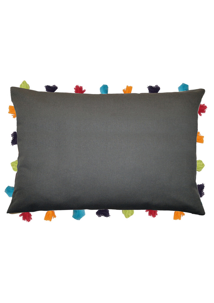 Lushomes Grey Sofa Cushion Cover Online With Colorful Tassels (single Pc, 14 X 20 Inches)