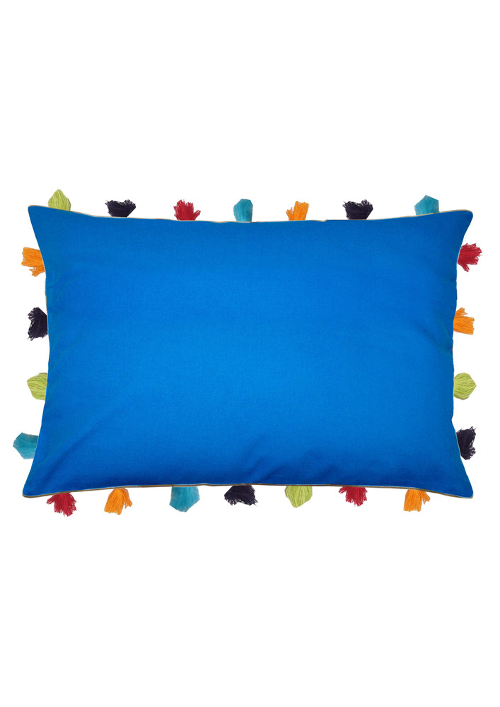 Lushomes Sky Blue Sofa Cushion Cover Online With Colorful Tassels (single Pc, 14 X 20 Inches)