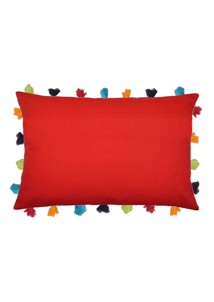 Lushomes Red Sofa Cushion Cover Online With Colorful Tassels (single Pc, 14 X 20 Inches)
