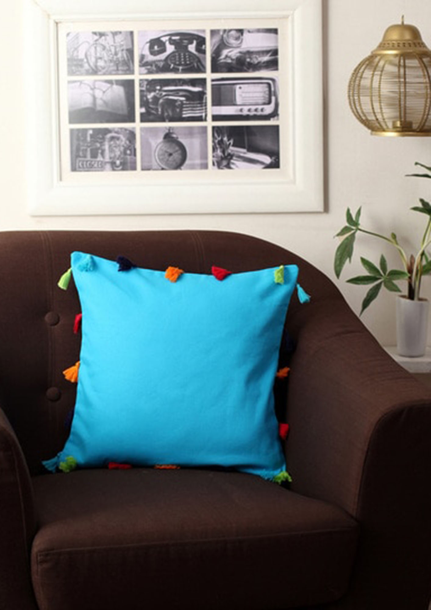 Lushomes Blue Sofa Cushion Cover Online with Colorful Tassels (Single pc, 14 x 14 inches)