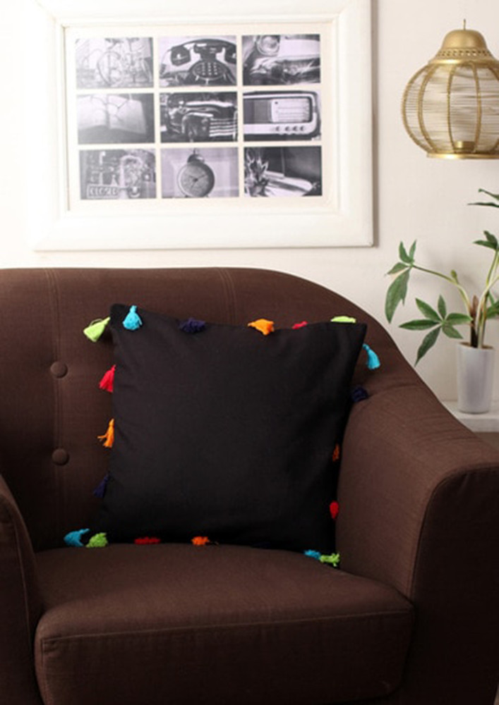 Lushomes Pirate Black Sofa Cushion Cover Online With Colorful Tassels (single Pc, 14 X 14 Inches)