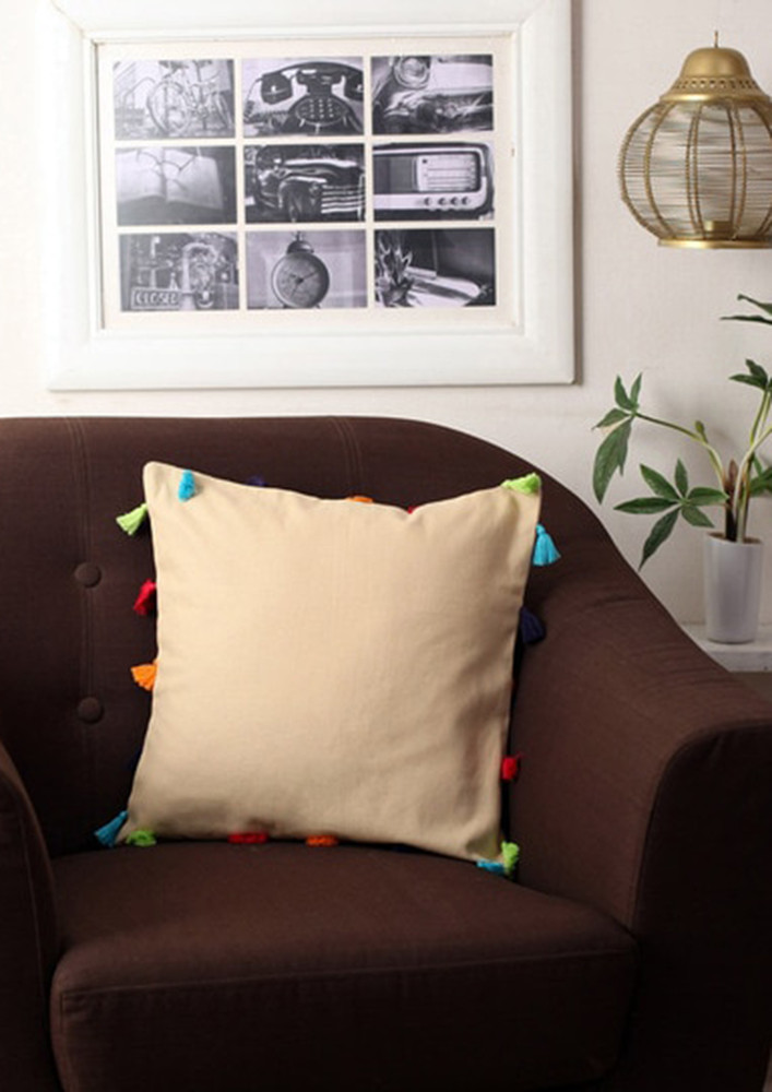 Lushomes Yellowsofa Cushion Cover Online With Colorful Tassels (single Pc, 14 X 14 Inches)